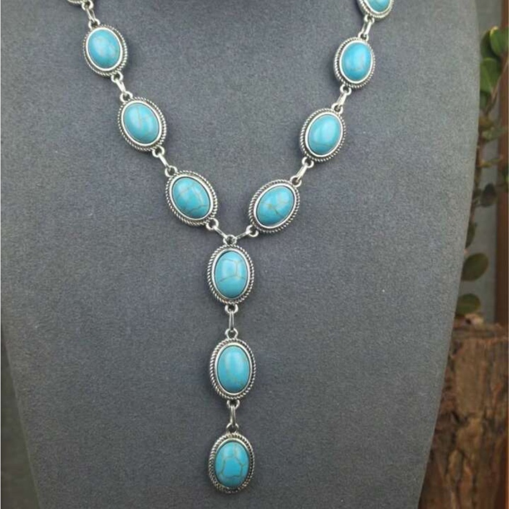 ⭐️ Western Boho Lariat Y Shape Silver and Faux Turquoise Drop Necklace NWOT - Picture 6 of 13